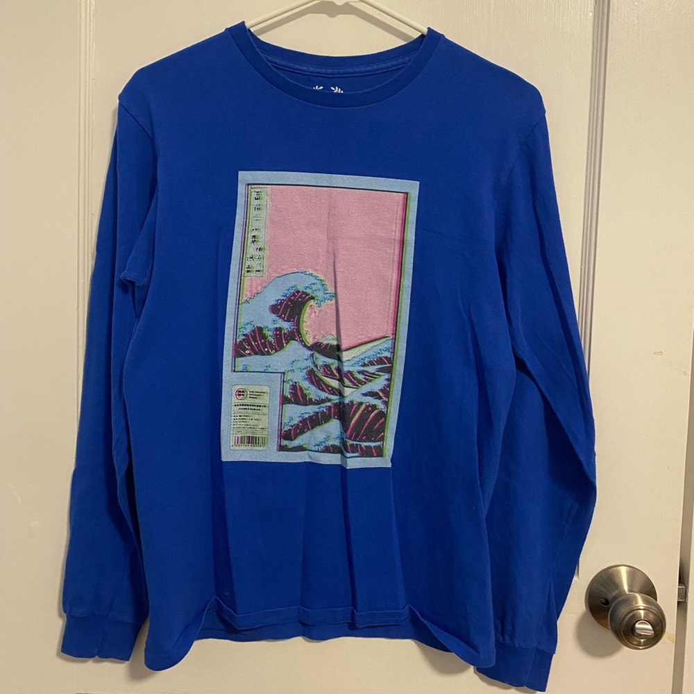 Glitched Hokusai Graphic Tee, Unisex Blue Longsleeve